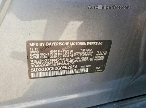 5UXKU0C52G0F92954 2016 BMW X6 Gray Вид наклейки з VIN-кодом