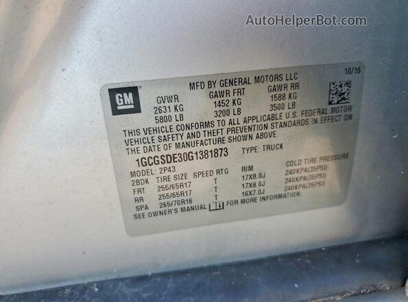 1GCGSDE30G1381873 2016 CHEVROLET COLORADO Silver VIN կոդի պիտակի տեսք