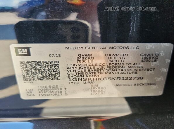 1GNSKHKC5KR122738 2019 CHEVROLET SUBURBAN Black VIN sticker view