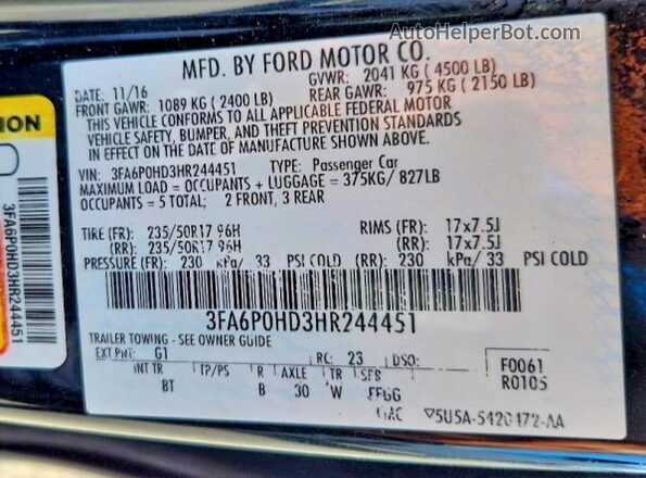 3FA6P0HD3HR244451 2017 FORD FUSION Black VIN კოდის სტიკერის ხედი