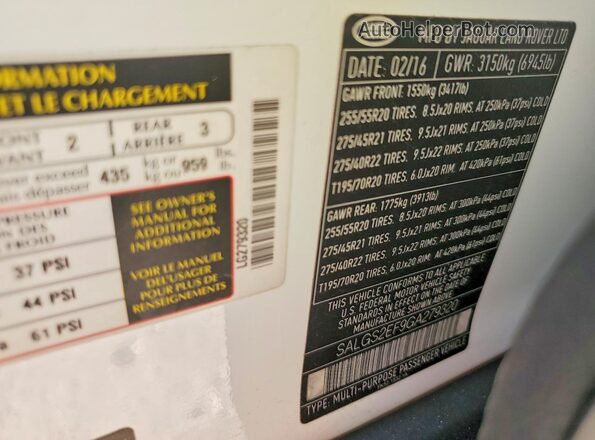 SALGS2EF9GA279320 2016 LAND ROVER RANGE White Vista de la etiqueta del VIN