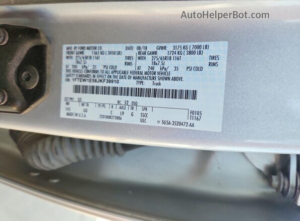 1FTEW1E58JKF39910 2018 FORD F150 Silver Widok naklejki z numerem VIN
