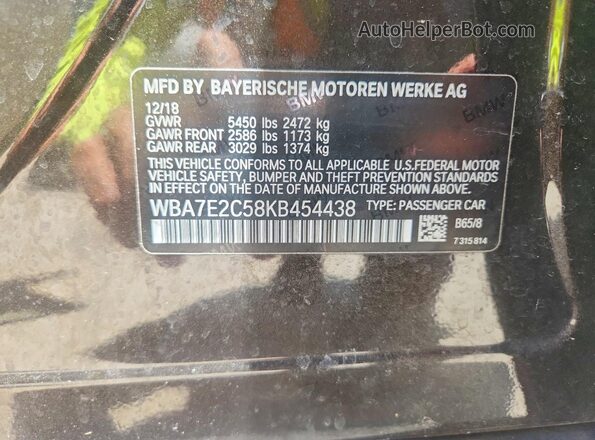 WBA7E2C58KB454438 2019 BMW 7 SERIES Black VIN sticker view