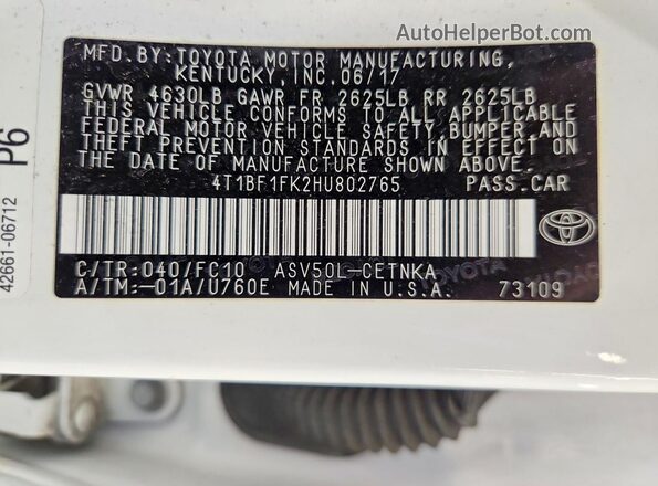 4T1BF1FK2HU802765 2017 TOYOTA CAMRY Белый Вид наклейки с VIN-кодом