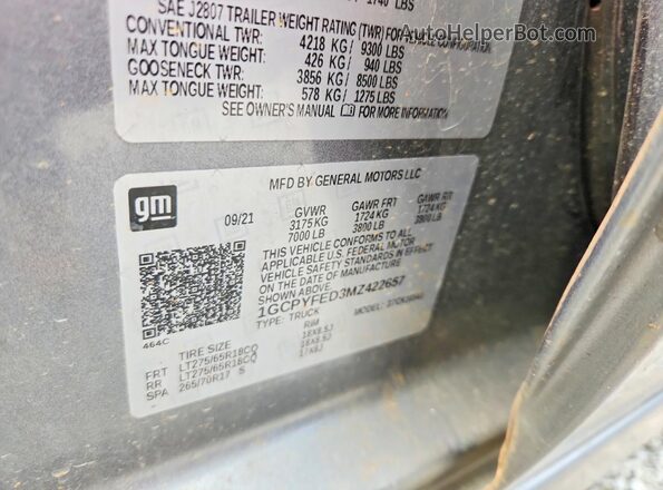 1GCPYFED3MZ422657 2021 CHEVROLET SILVERADO Gray Вид наклейки з VIN-кодом