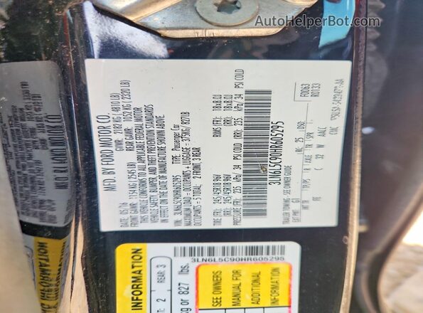 3LN6L5C90HR605295 2017 LINCOLN MKZ Black VIN კოდის სტიკერის ხედი