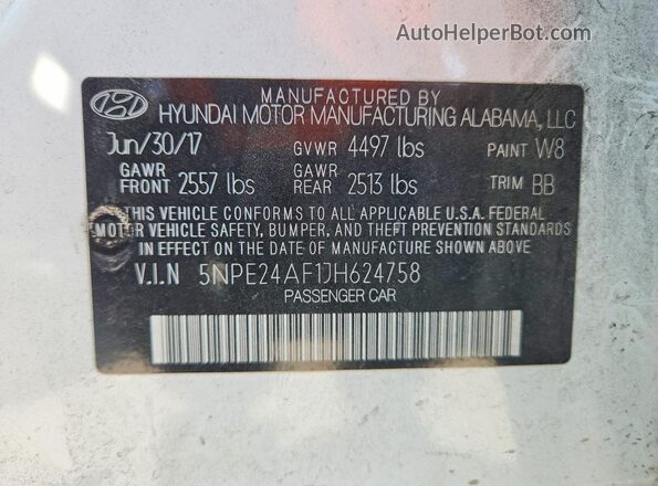 5NPE24AF1JH624758 2018 HYUNDAI SONATA White VIN კოდის სტიკერის ხედი