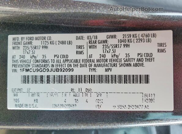 1FMCU9GD9JUB92099 2018 FORD ESCAPE Gray Սալոնի 360 աստիճան տեսք
