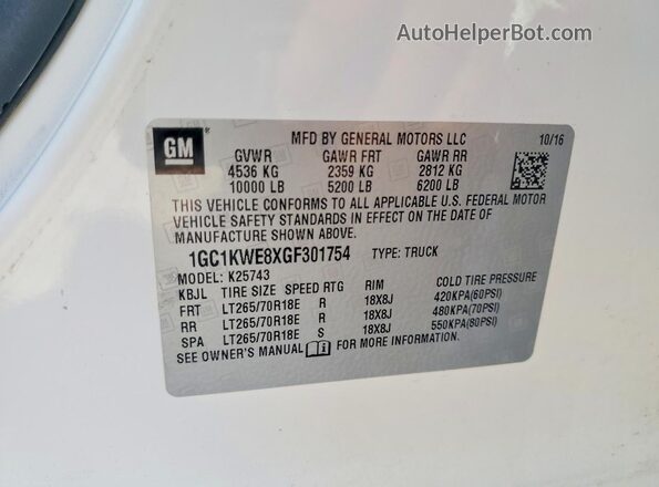 1GC1KWE8XGF301754 2016 CHEVROLET SILVERADO White Вид наклейки з VIN-кодом