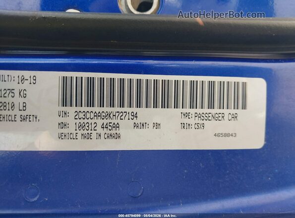 2C3CCAAG0KH727194 2019 CHRYSLER 300 Blue Շարժիչի բաժամունքի տեսք