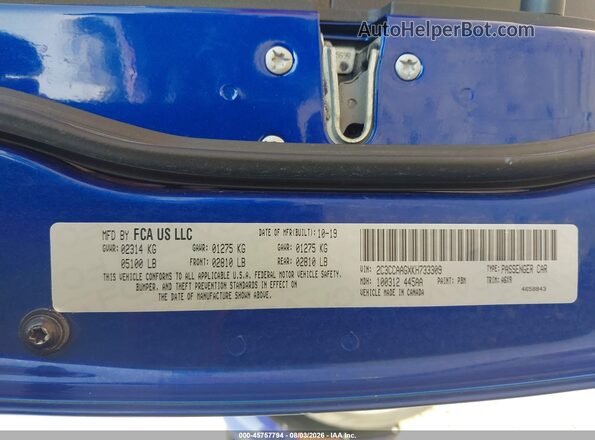 2C3CCAAGXKH733309 2019 CHRYSLER 300 Синий Вид подкапотного пространства