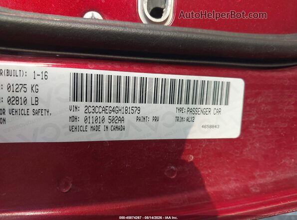 2C3CCAEG4GH181579 2016 CHRYSLER 300 Burgundy Շարժիչի բաժամունքի տեսք
