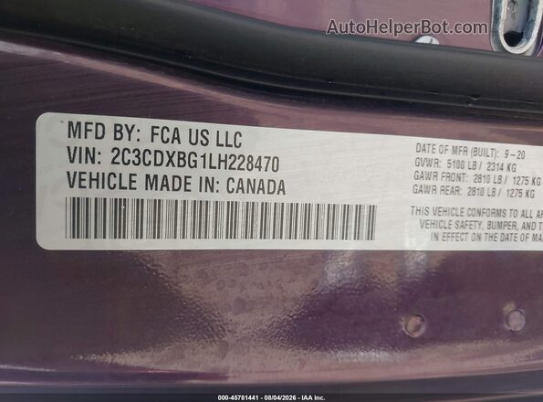 2C3CDXBG1LH228470 2020 DODGE CHARGER Purple Widok komory silnika