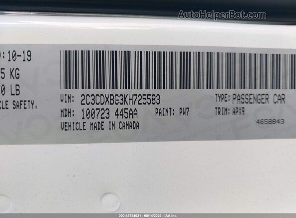 2C3CDXBG3KH725583 2019 DODGE CHARGER White Engine compartment view