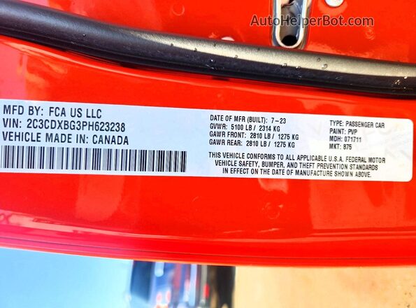 2C3CDXBG3PH623238 2023 DODGE CHARGER Оранжевый Вид наклейки с VIN-кодом