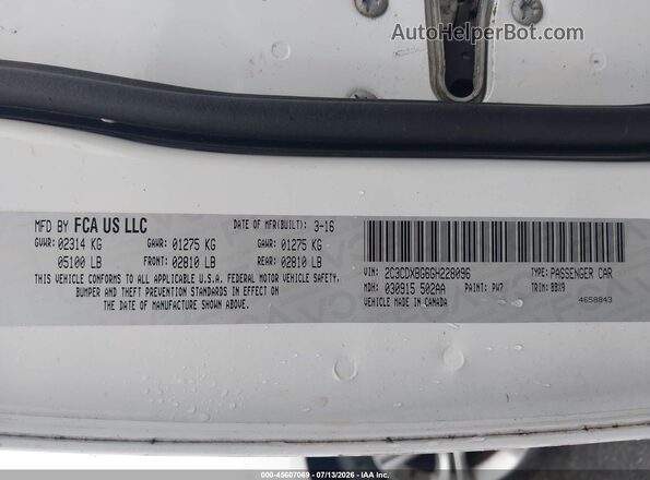 2C3CDXBG6GH228096 2016 DODGE CHARGER White ძრავის განყოფილების ხედი