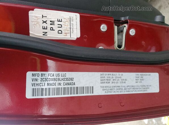 2C3CDXBG9LH235392 2020 DODGE CHARGER Burgundy ძრავის განყოფილების ხედი