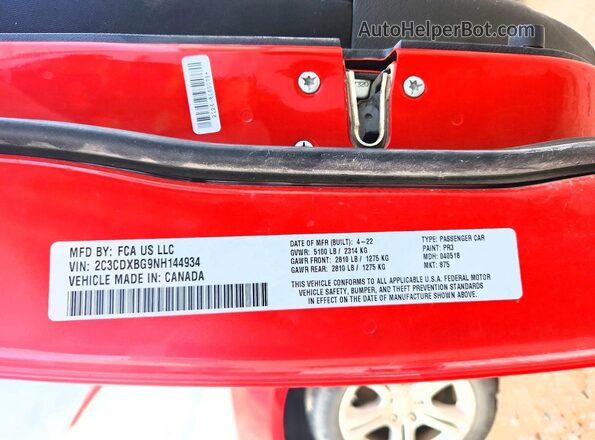 2C3CDXBG9NH144934 2022 DODGE CHARGER Red Vista del compartimento del motor