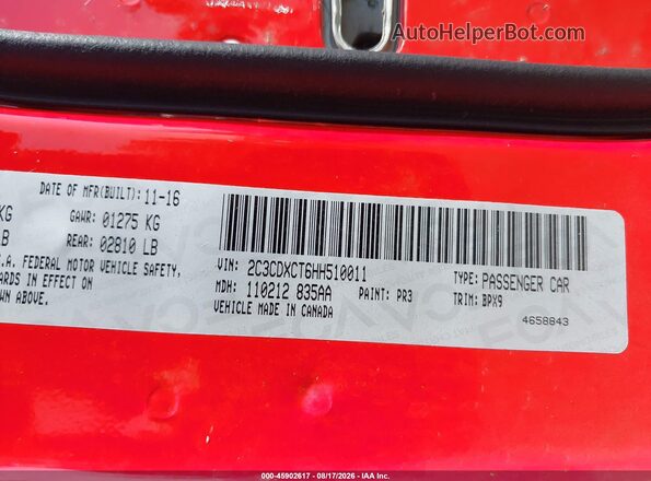 2C3CDXCT6HH510011 2017 DODGE CHARGER Red Вид підкапотного простору