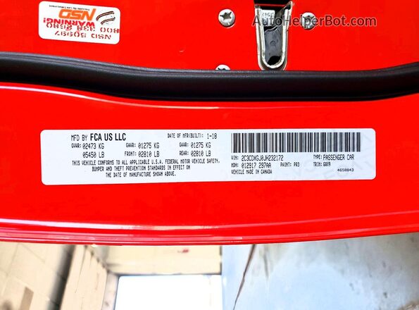 2C3CDXGJ0JH232172 2018 DODGE CHARGER Red Widok naklejki z numerem VIN