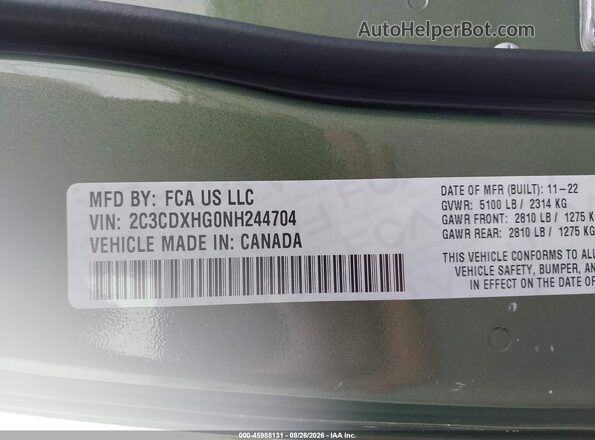 2C3CDXHG0NH244704 2022 DODGE CHARGER Green ძრავის განყოფილების ხედი