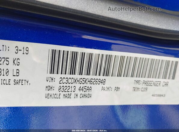 2C3CDXHG5KH626948 2019 DODGE CHARGER Blue Vista del compartimento del motor