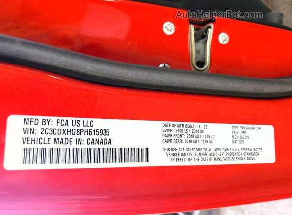 2C3CDXHG8PH615935 2023 DODGE CHARGER Red VIN კოდის სტიკერის ხედი