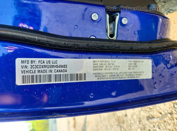 2C3CDXMG6MH549483 2021 DODGE CHARGER Blue VIN sticker view
