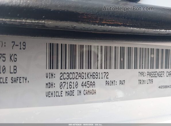 2C3CDZAG1KH691172 2019 DODGE CHALLENGER White Вид підкапотного простору