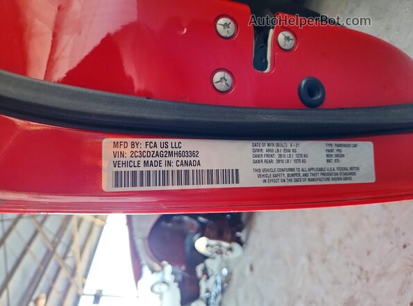 2C3CDZAG2MH603362 2021 DODGE CHALLENGER Red VIN sticker view