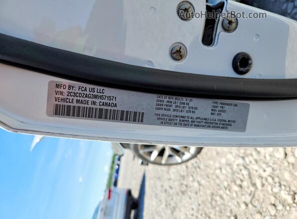 2C3CDZAG3MH571571 2021 DODGE CHALLENGER White Widok naklejki z numerem VIN