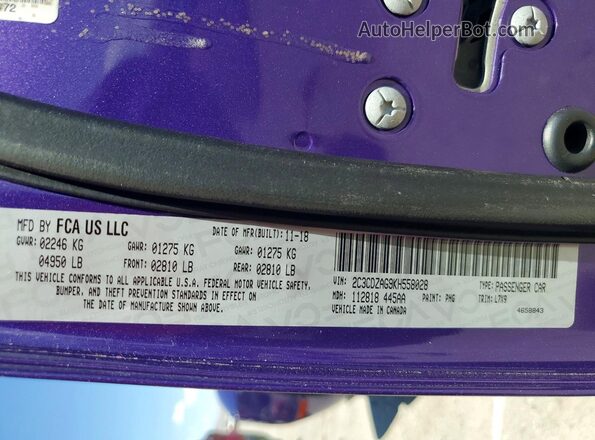 2C3CDZAG9KH558028 2019 DODGE CHALLENGER Purple Widok naklejki z numerem VIN