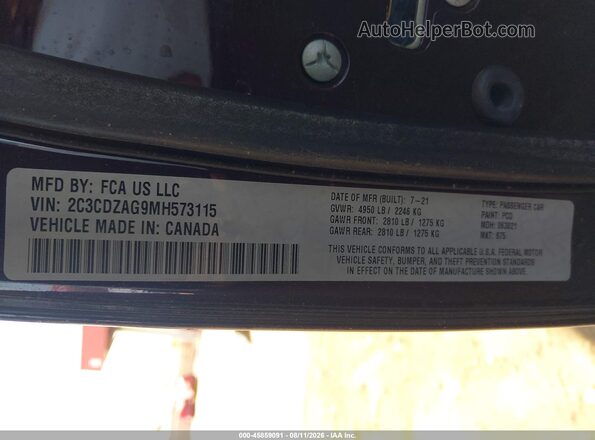 2C3CDZAG9MH573115 2021 DODGE CHALLENGER Purple Շարժիչի բաժամունքի տեսք