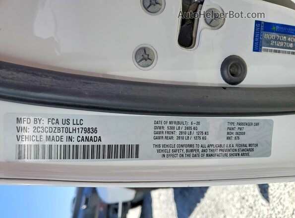 2C3CDZBT0LH179836 2020 DODGE CHALLENGER White VIN կոդի պիտակի տեսք