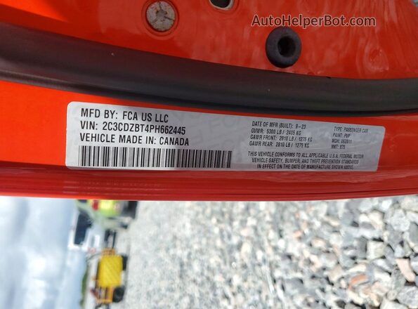 2C3CDZBT4PH662445 2023 DODGE CHALLENGER Orange Widok naklejki z numerem VIN