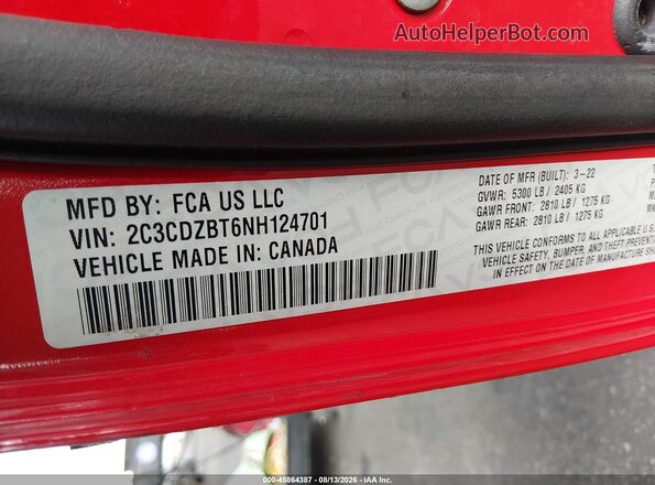 2C3CDZBT6NH124701 2022 DODGE CHALLENGER Orange Շարժիչի բաժամունքի տեսք