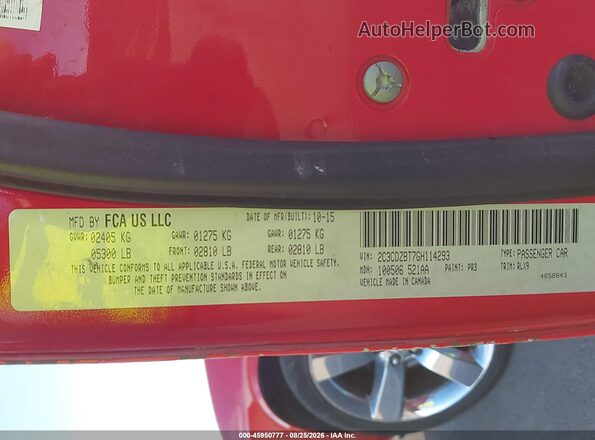 2C3CDZBT7GH114293 2016 DODGE CHALLENGER Red Շարժիչի բաժամունքի տեսք