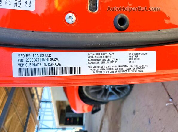 2C3CDZFJ0NH175426 2022 DODGE CHALLENGER Оранжевый Вид наклейки с VIN-кодом