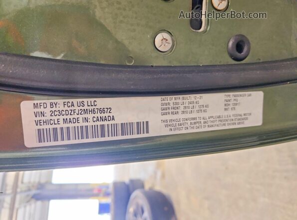 2C3CDZFJ2MH676672 2021 DODGE CHALLENGER Зеленый Вид наклейки с VIN-кодом