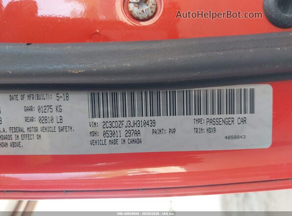 2C3CDZFJ3JH310439 2018 DODGE CHALLENGER Оранжевый Вид подкапотного пространства
