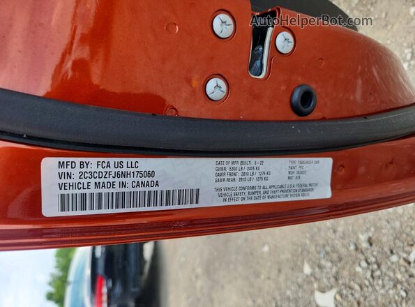 2C3CDZFJ6NH175060 2022 DODGE CHALLENGER Orange Vista de la etiqueta del VIN