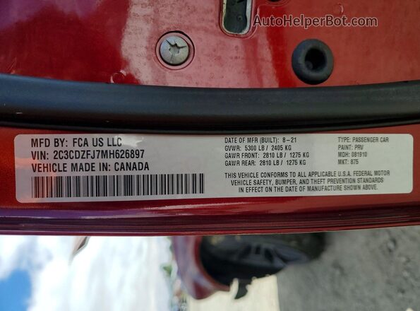2C3CDZFJ7MH626897 2021 DODGE CHALLENGER Maroon VIN կոդի պիտակի տեսք