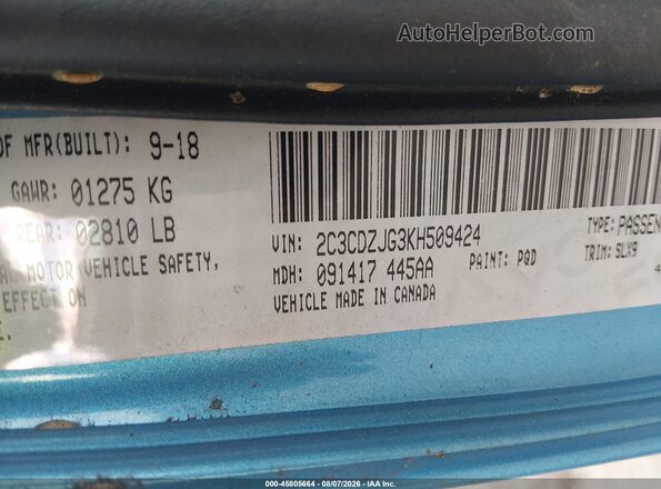 2C3CDZJG3KH509424 2019 DODGE CHALLENGER Blue Вид підкапотного простору