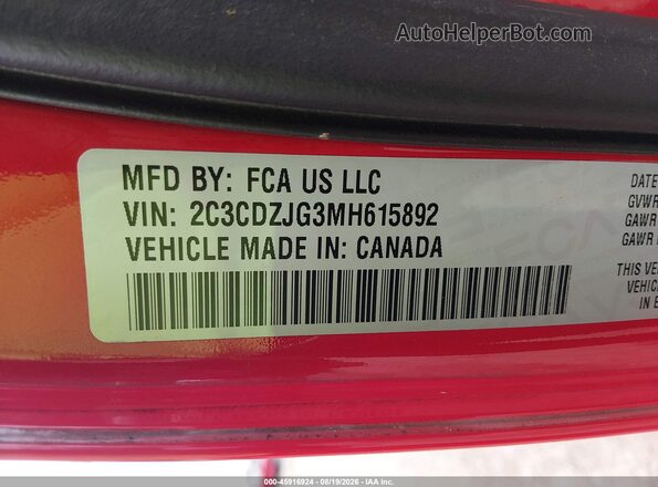 2C3CDZJG3MH615892 2021 DODGE CHALLENGER Red ძრავის განყოფილების ხედი