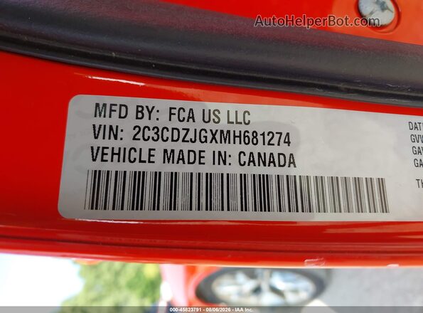 2C3CDZJGXMH681274 2021 DODGE CHALLENGER Orange Вид підкапотного простору