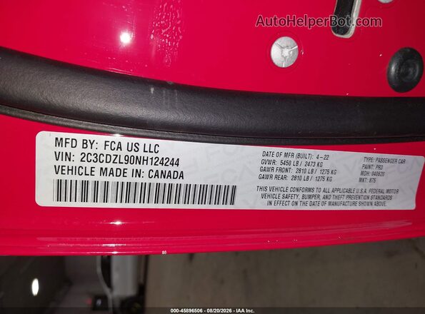 2C3CDZL90NH124244 2022 DODGE CHALLENGER Red Vista del compartimento del motor