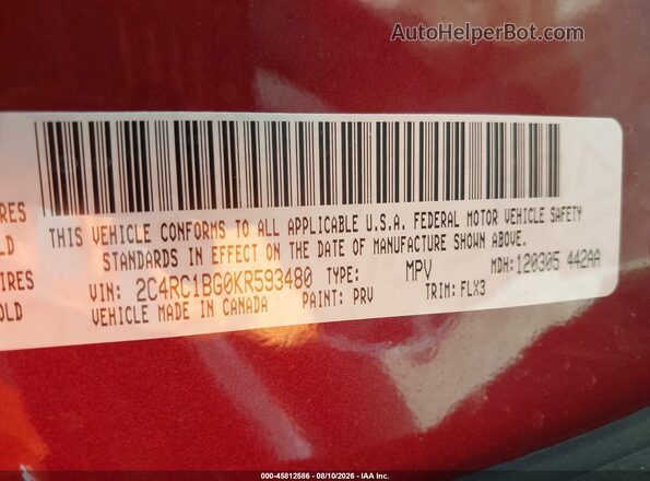 2C4RC1BG0KR593480 2019 CHRYSLER PACIFICA Красный Вид подкапотного пространства