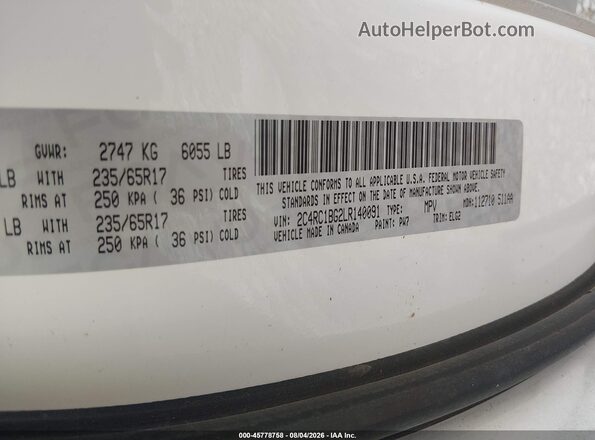 2C4RC1BG2LR140091 2020 CHRYSLER PACIFICA White Vista del compartimento del motor