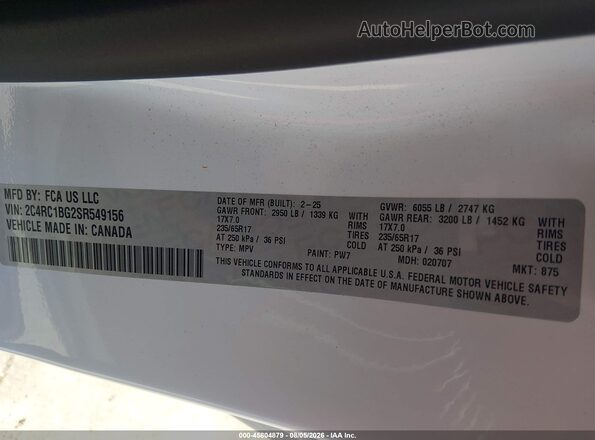 2C4RC1BG2SR549156 2025 CHRYSLER PACIFICA White Вид підкапотного простору
