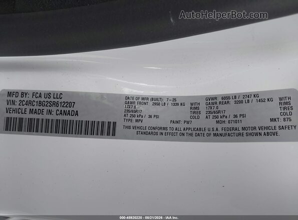 2C4RC1BG2SR612207 2025 CHRYSLER PACIFICA Белый Вид подкапотного пространства
